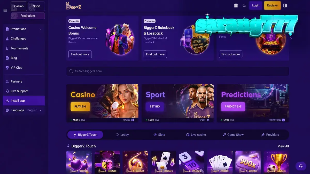 Antarmuka platform taruhan BiggerZ yang menampilkan berbagai pilihan permainan dan pasar prediksi.